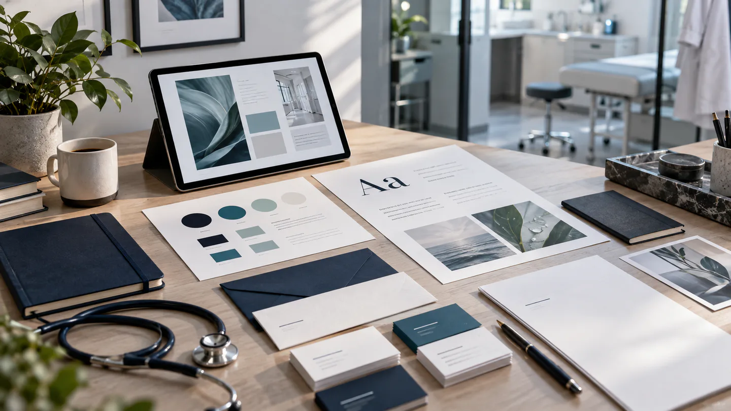Sistema de identidade visual médica organizado sobre uma mesa de trabalho